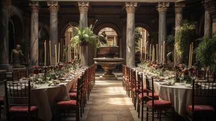 Canvas Print - Roman villa's opulent dining room hosts grand feast guests adorned in luxurious attire