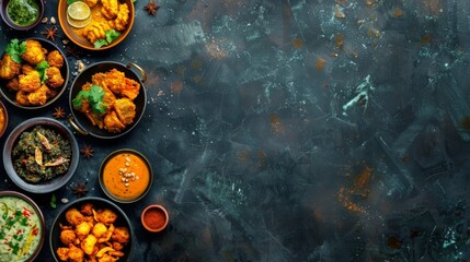 Wall Mural - A table adorned with bowls filled with various types of Indian food, including pakoras