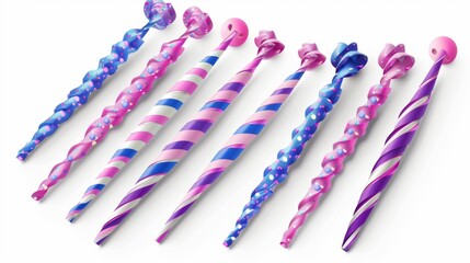 Wall Mural - For a celebration of a birthday, a set of 3d purple and pink whistles, noisemakers isolated on white.