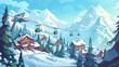 Ski resort settlement with cableway over spruce trees and snowy peaks, Cartoon modern illustration of wintertime vacation cottages.