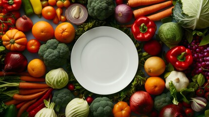 Wall Mural - A vibrant display of various fresh vegetables and fruits around a central white empty plate on a table.