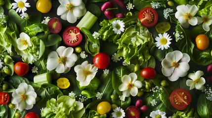 Canvas Print - A vibrant top view image featuring an assortment of fresh vegetables and flowers on a dark surface.