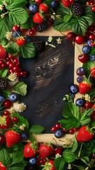 Poster - A vibrant frame of assorted berries like strawberries, blueberries, and blackberries around a dark wooden board.