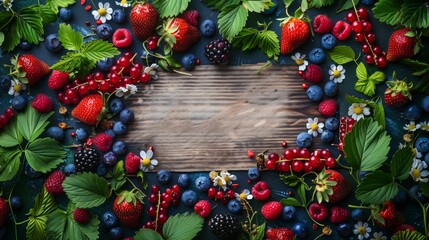 Canvas Print - Wooden surface surrounded by fresh berries and leaves, ideal for design background.