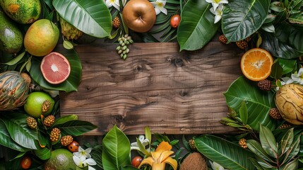 Poster - Vibrant tropical fruits and leaves arranged around a central wooden board with copy space, ideal for design backdrops.