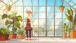An old woman with pot in orangery interior with glass walls and windows, a place for growing herbs and flowers, interior view. Cartoon modern illustration.
