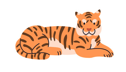 Poster - Cute tiger cub lying. Happy funny jungle animal. Adorable exotic tropical wild feline, striped African big cat relaxing. Kids flat graphic vector illustration isolated on white background