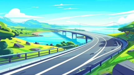 Canvas Print - Modern infrastructure with metal railings and markup with an overpass, highway, and empty road in a summer landscape with mountains and water. Asphalted turning way and rocks, cartoon modern