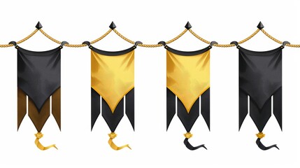 Poster - Mockup of empty textile placards isolated on white background. Modern realistic set of black and yellow fabric advertising streamers.