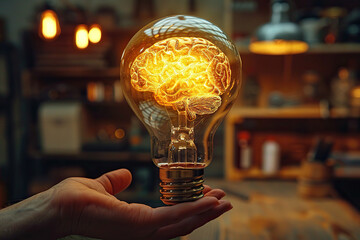 Wall Mural - a lamp in the shape of a human brain glows in hand. healthy brain concept. generated by artificial i