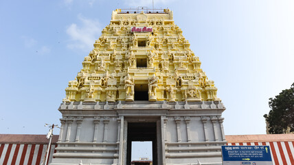 the Beautiful View of Gopuram of Rameshwaram Temple, Jyotirlinga, one of the Twelfth Jyotirlinga, Hindu Pilgrimage, Holy Place , Rameswaram, Tamil Nadu, India.