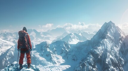 Poster - AI generated illustration of a man on a snow-covered mountain summit