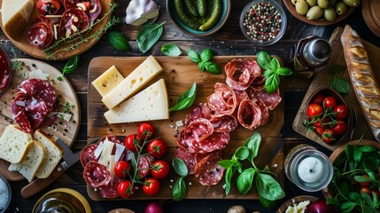 Wall Mural - Luxurious spread of assorted cold cuts, cheeses, and fresh produce on a wooden table.