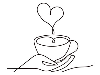 Wall Mural - One-line art of handdrawn cup of coffee with heart symbol decorated in a vector design