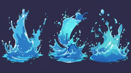 Poster - Animation of water splashing sprite sheet. Cartoon blue ocean or sea stream with drops and splatters, fx storyboard Modern illustration.