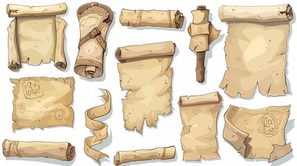 Poster - Paper scrolls, parchment scrolls, antique manuscripts. Modern cartoon of vintage blank letters, documents, rolled up sheets of paper, isolated on white.