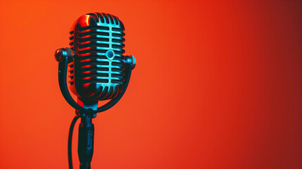 Wall Mural - Close-up of a vintage metallic microphone against a vibrant red background, with plenty of copy space.