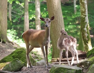 Wall Mural - a young deer standing next to an adult deer in a forest.