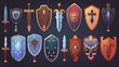 © Mark - Isolated modern icons, ui design elements, game shields with swords, cartoon fantasy medieval armor made from metal and wood decorated with gems. Knight ammo, iron or wooden guard screens.