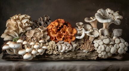 Mushrooms on a log, several varieties, forest foraging, natures beauty, landscape. 