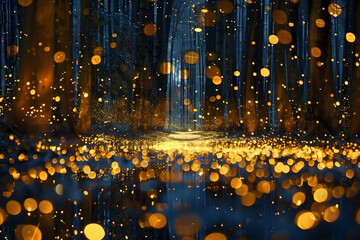 Wall Mural - a forest at night, illuminated by yellow lights and dotted with glittering reflections on the ground and surrounding trees