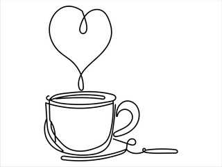 Wall Mural - One-line art of handdrawn cup of coffee with heart symbol decorated in a vector design