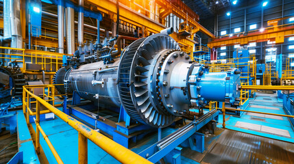 Wall Mural - Large industrial turbine in a factory setting with intricate details and blue and yellow color scheme.