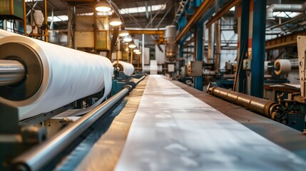 Wall Mural - A busy industrial printing press with large rolls of paper flowing through machinery.