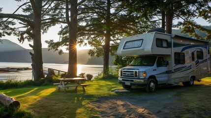 Wall Mural - Scenic landscape with a recreational vehicle parked near a serene lake during sunset, surrounded by trees.