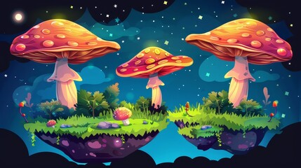 Wall Mural - Floating islands with magic mushroom at night. Modern background illustration of fantasy landscape with flying platforms and shiny fly agaric.