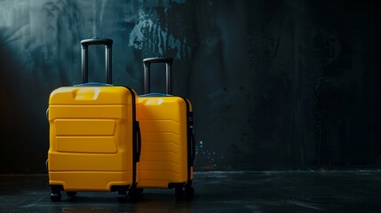 Wall Mural - Two yellow suitcases stand on a wet floor with a mysterious, dark graffiti background.