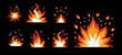 Pixel art 8 bit fire flames and explosion flashes , isolated on black background. Set with cartoon burst animation for retro video game design.