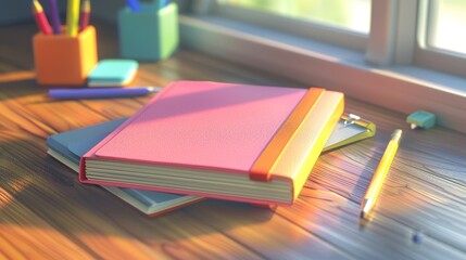 Poster - Office or school stationery, diary or organizer with hardcover and bookmarks, sticky paper notes, 3D render illustration.