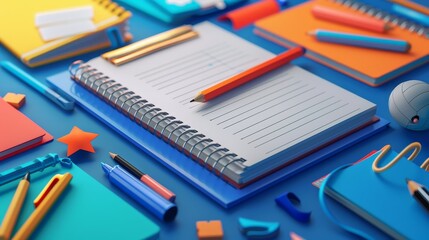 Poster - There are books, notebooks, pencils, pens, and erasers on the desk, diaries and organizers with hardcovers and bookmarks, sticky notes, and a 3D render illustration.