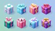 3D gift box with colorful wrapping paper, bow and bonus. Bonus, award, birthday surprise isolated game graphic elements, Cartoon icon set for Christmas, Valentine's Day, New Year's Day celebration.