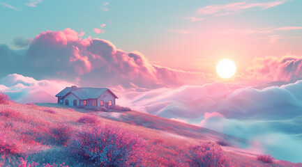 Wall Mural - A house on a hill surrounded by pink clouds