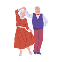 Canvas Print - Active senior couple dancing, vector happy elderly man and woman holding hands dance perform, romantic classic disco