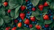 © Natalia - Lush mix of fresh strawberries, blueberries, and raspberries nestled in green leaves.