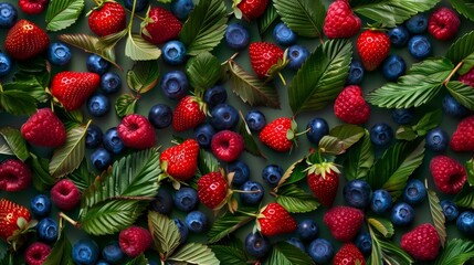 Poster - Vibrant arrangement of fresh strawberries, raspberries, and blueberries with lush green leaves.