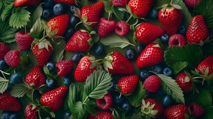 Poster - Vibrant assortment of fresh berries, including strawberries, blueberries, and raspberries with leaves.