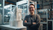 A candid portrait of a happy male architect with glasses. He creates modern models on a 3D printer