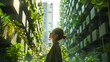 The concept of greening buildings. Candid waist-length portrait of a beautiful Asian young woman surrounded by green plants and trees