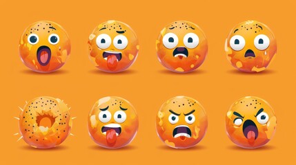 Sticker - Cartoon kawaii bakery with poppy seeds, funny comic game character. Pastry mascot happy, shocked, sad, surprised, show tongue and angry. Modern illustration.