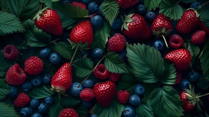 Wall Mural - A lush collection of fresh berries with strawberries, raspberries, and blueberries surrounded by green leaves.