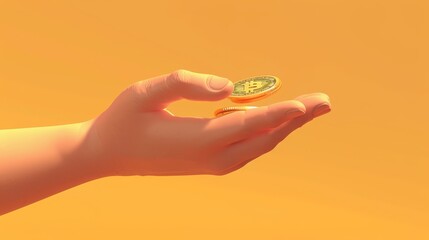 Aufkleber - Coins and paper cash money hand held by man. Dollar banknotes, bills, gold coins for paying, giving for charity, exchanging and taking, 3d render illustration isolated on a white background.
