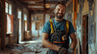 A candid waist-length portrait of a smiling repairman in overalls in a room littered with garbage. The man is happy