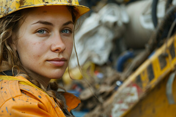 Local service workers cleaning reusing trash garbage saving planet from pollution recycling plant fabric Generative AI