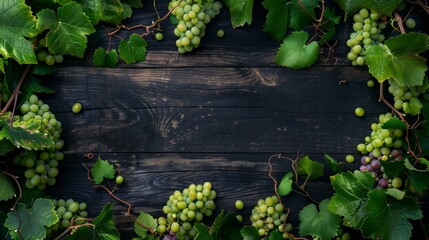 Sticker - Fresh green grapes scattered with leaves on a dark wooden background, ideal for banners.