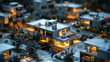 Close-up of a 3D model of a block with houses and trees. The concept of building a new area of the city. At night, the houses are illuminated
