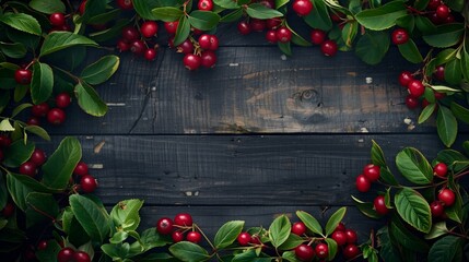 Poster - Fresh red cherries with lush green leaves on a dark wooden background, creating a vibrant and natural display.